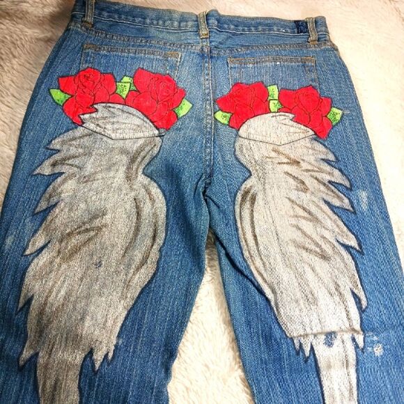 Y2K Custom Painted Distressed Bleached Denim Jeans Wearable Art Wings-Roses 12 - Picture 12 of 12